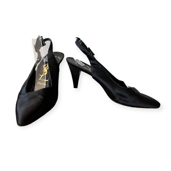 Yves Saint Laurent Vintage 80s Black Satin Slingback Pumps, Size 7 1/2 - Picture 4 of 16
